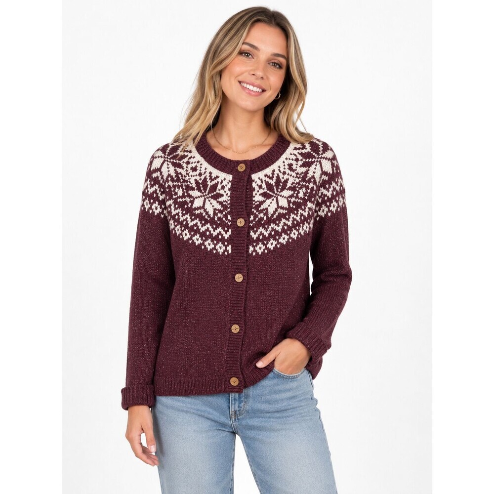 Woolrich Cardigan Sweater Size Large Fair Isle Nordic Wool Blend Maroon Snow